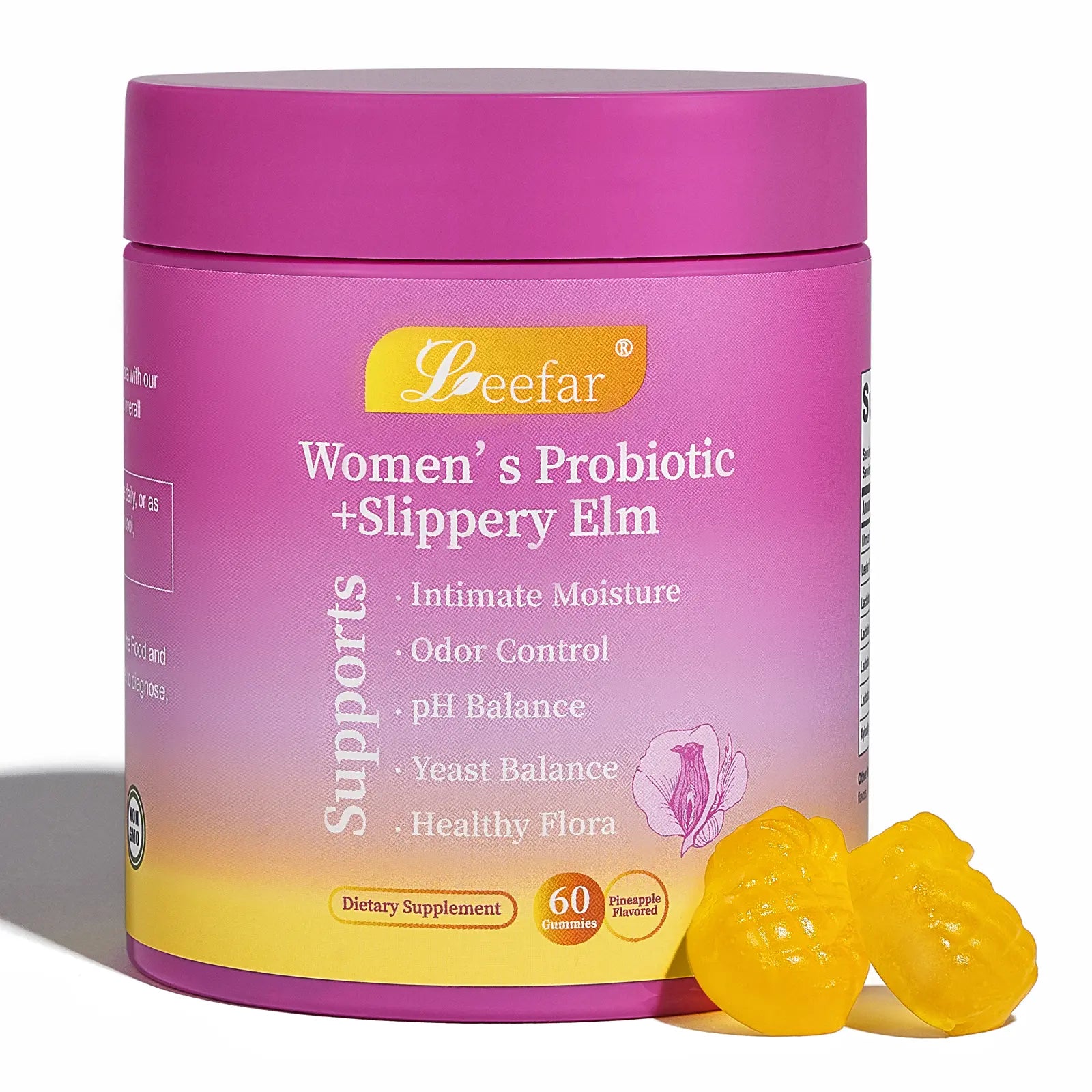 LEEFAR Women's Probiotic Gummies with Slippery Elm, Prebiotics, and Lactobacillus Blend for pH Balance and Vaginal Moisture - Hawaiian Pineapple Flavor, 60 Count